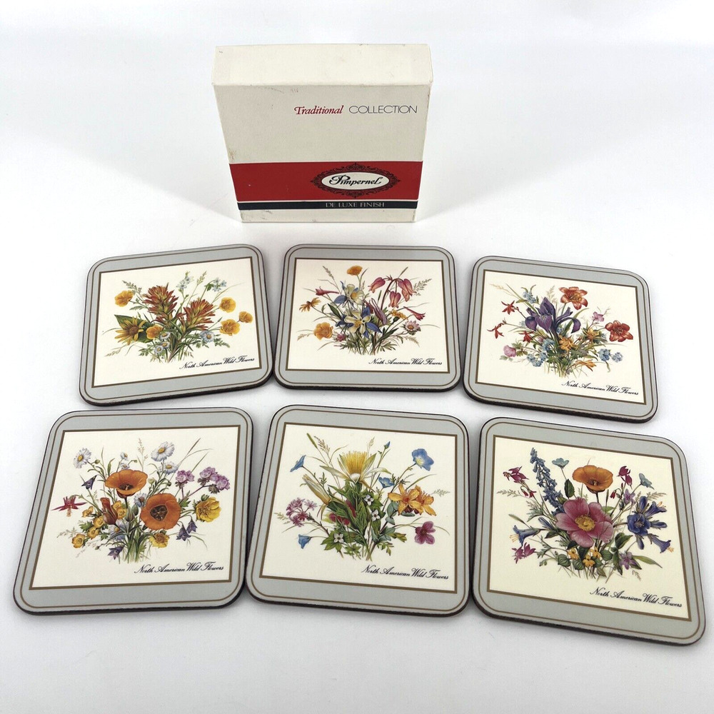 Pimpernel North American Wildflowers Coasters Cork Blue Trim Acrylic Set of 6